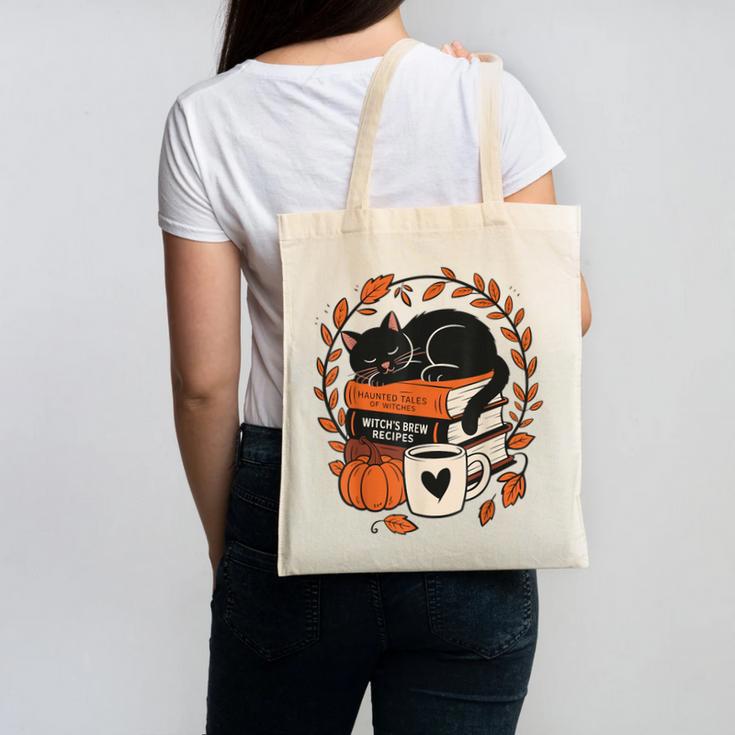 Fall Book Teacher Cat Books Halloween Autumn Librarian Canvas Tote Bag