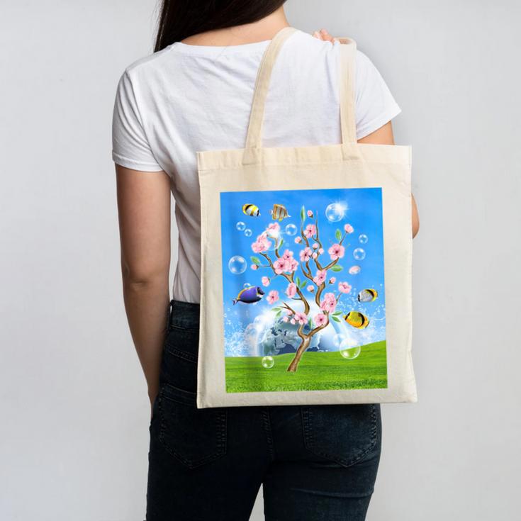 Frutiger Aero Aesthetic Tech Cherry Blossom Fishes Bubbles Canvas Tote Bag