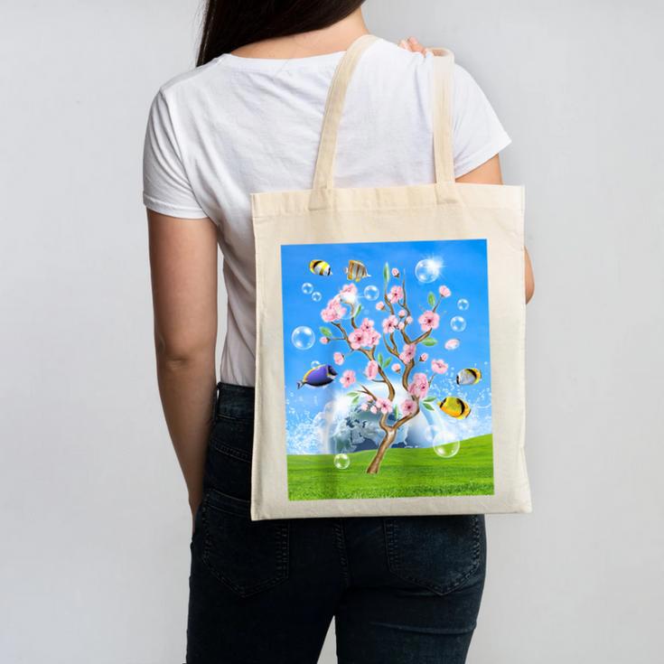Frutiger Aero Aesthetic Tech Cherry Blossom Fishes Bubbles Raglan Baseball Tee Canvas Tote Bag