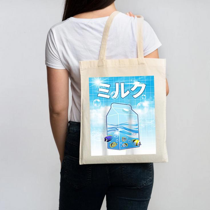 Frutiger Aero Aesthetic Tech Kawaii Milk Underwater Fishes Raglan Baseball Tee Canvas Tote Bag