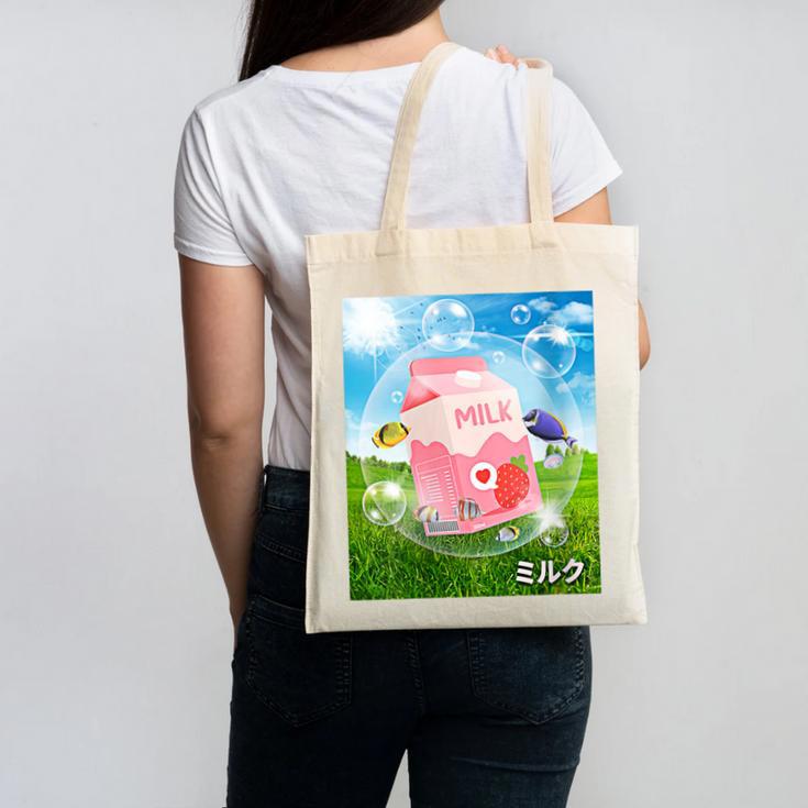 Frutiger Aero Aesthetic Tech Kawaii Strawberry Milk Fishes Canvas Tote Bag