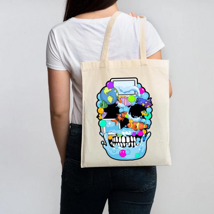 Frutiger Aero Aesthetic Tech Skull Computer Fishes Canvas Tote Bag