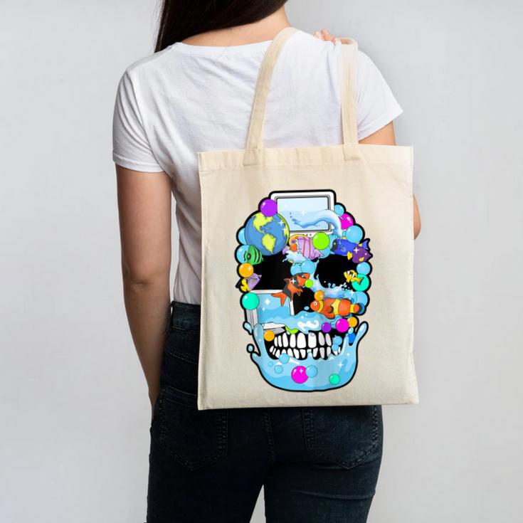 Frutiger Aero Aesthetic Tech Skull Computer Fishes Raglan Baseball Tee Canvas Tote Bag