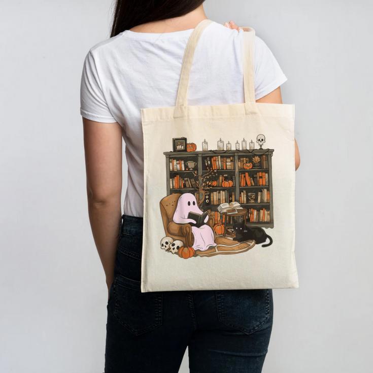 Ghost Reading Book Cat Lover Halloween Reading Enthusiast Canvas Tote Bag