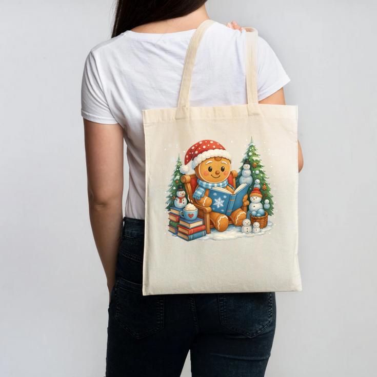 Gingerbread Reading Book Lovers Christmas Bookworm Librarian Canvas Tote Bag Gingerbread Reading Book Lovers Christmas Bookworm Librarian Canvas Tote Bag