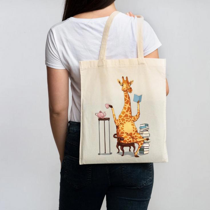 Giraffe Reading Tea Books Coffee Book Lover Graphic Canvas Tote Bag