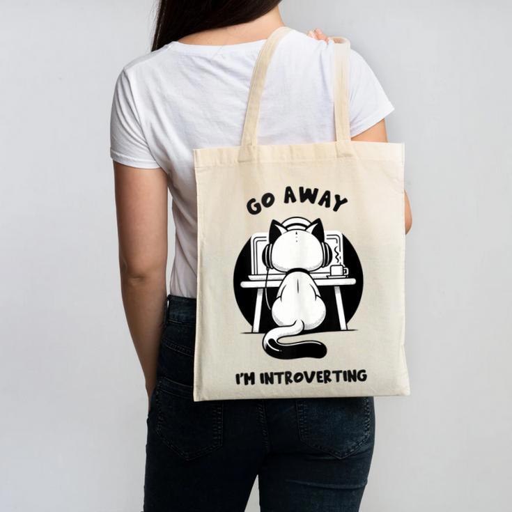 Go Away I'm Introverting Cat With Coffee Canvas Tote Bag