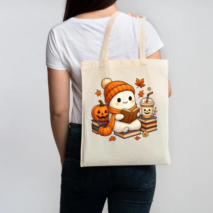 Halloween Ghost Reading Book Lovers Coffee Girl Women Canvas Tote Bag