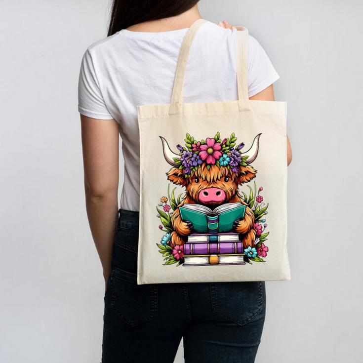 Highland Cow Book Floral Bookworm Canvas Tote Bag