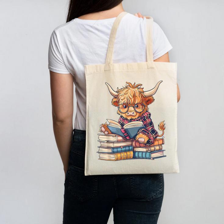 Highland Cow Reading Book Librarian Library Canvas Tote Bag