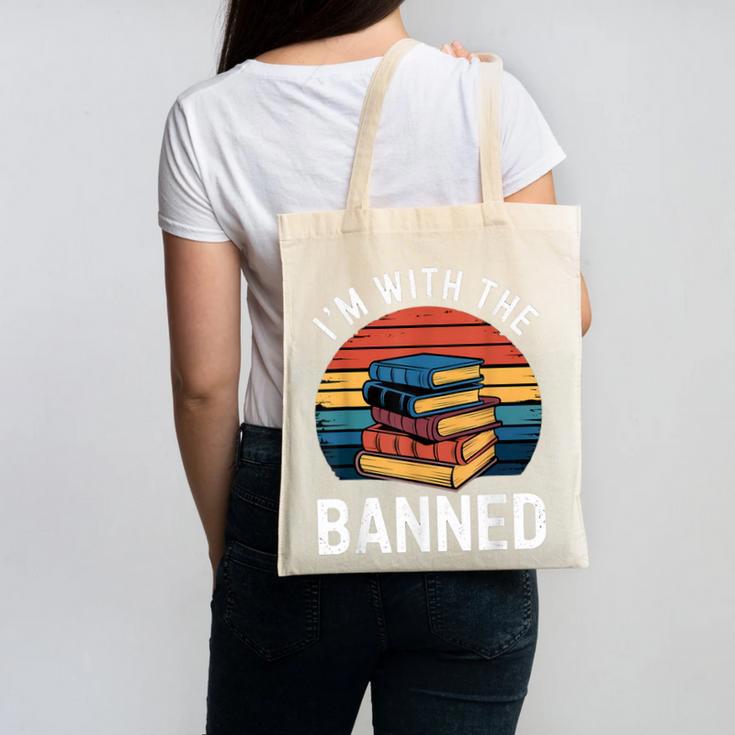 I'm With The Banned Stack Of Books Vintage Sunset Retro Canvas Tote Bag