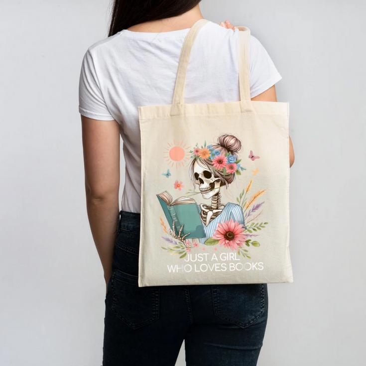 Just A Girl Who Loves Books Messy Bun Book Skeleton Bookworm Canvas Tote Bag Just A Girl Who Loves Books Messy Bun Book Skeleton Bookworm Canvas Tote Bag