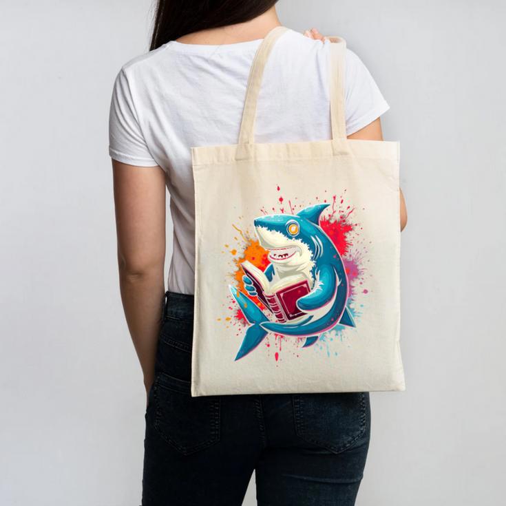 Kawaii Shark Reads Book Reading Library Book Bookworm Canvas Tote Bag