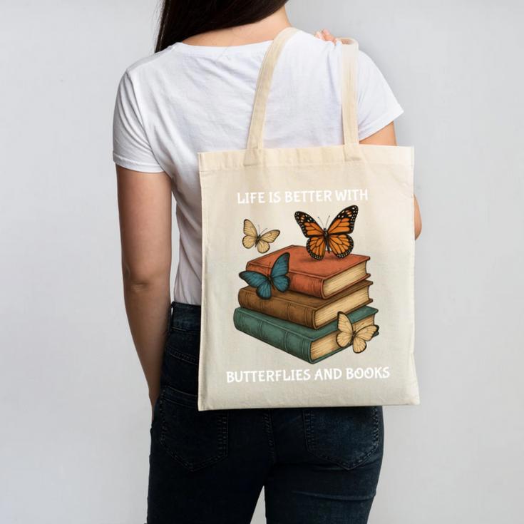 Life Is Better With Butterflies And Books Cute Butterfly Canvas Tote Bag
