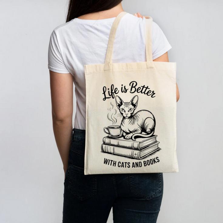 Life Is Better With Cats & Books Sphynx Cat Mom Women Canvas Tote Bag