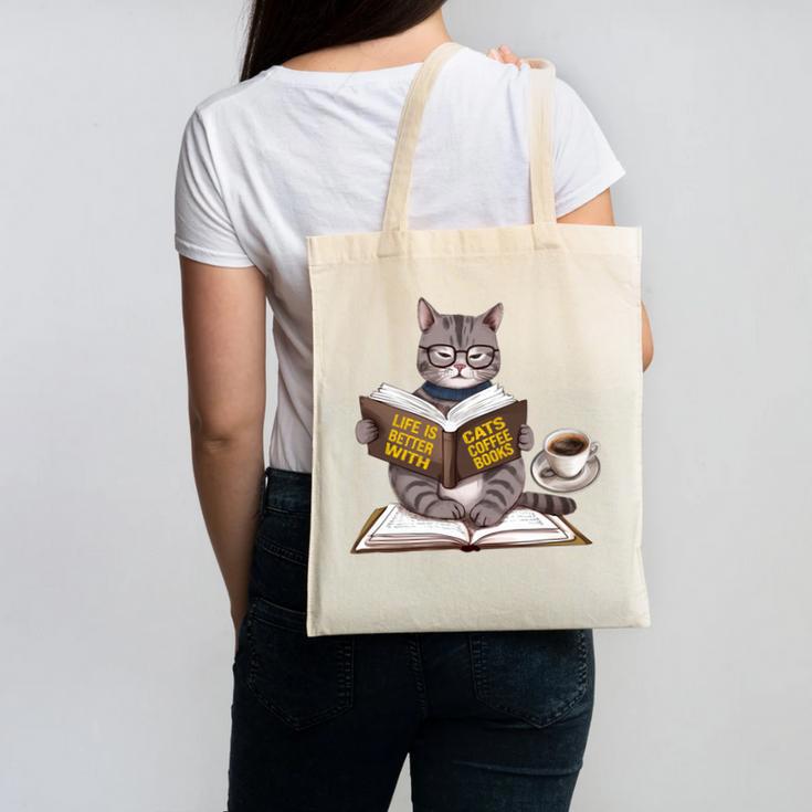 Life Is Better With Cats Coffee Books Cat Reading Book Canvas Tote Bag