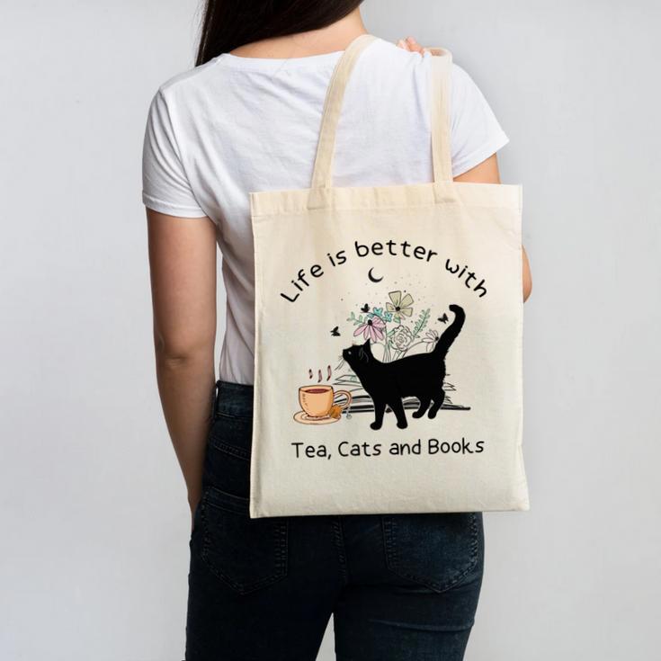 Life Is Better With Tea Cats And Books Cat Sayings Canvas Tote Bag