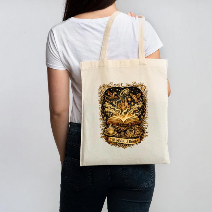 The Magic Of Books Vintage Style Reading Lover Cat & Tea Canvas Tote Bag The Magic Of Books Vintage Style Reading Lover Cat & Tea Canvas Tote Bag