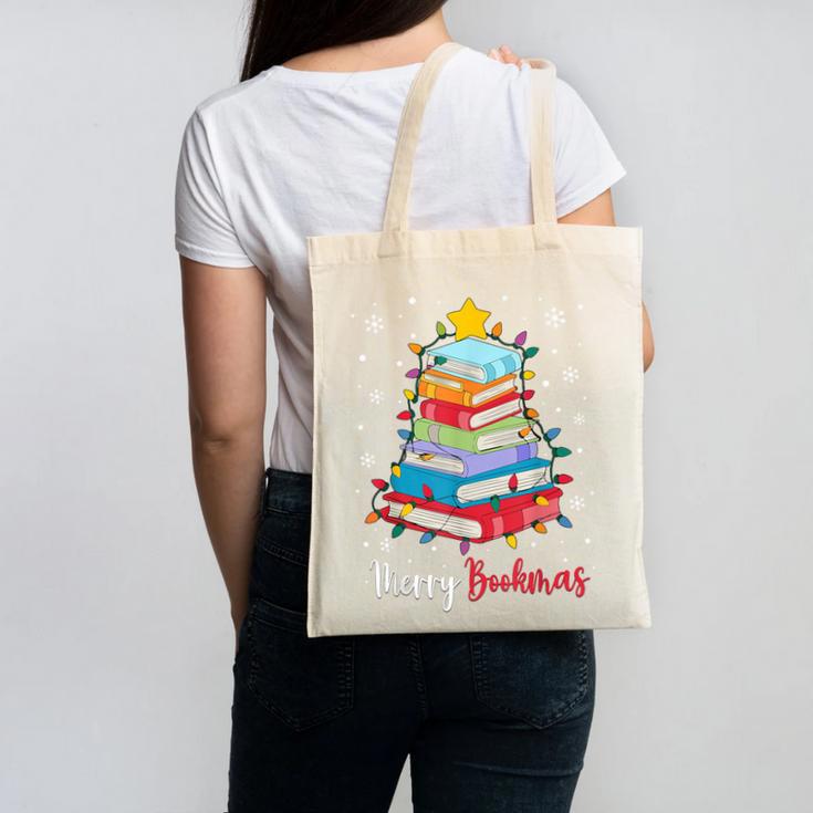 Merry Bookmas Book Christmas Tree Lights Xmas Men Women Kids Canvas Tote Bag