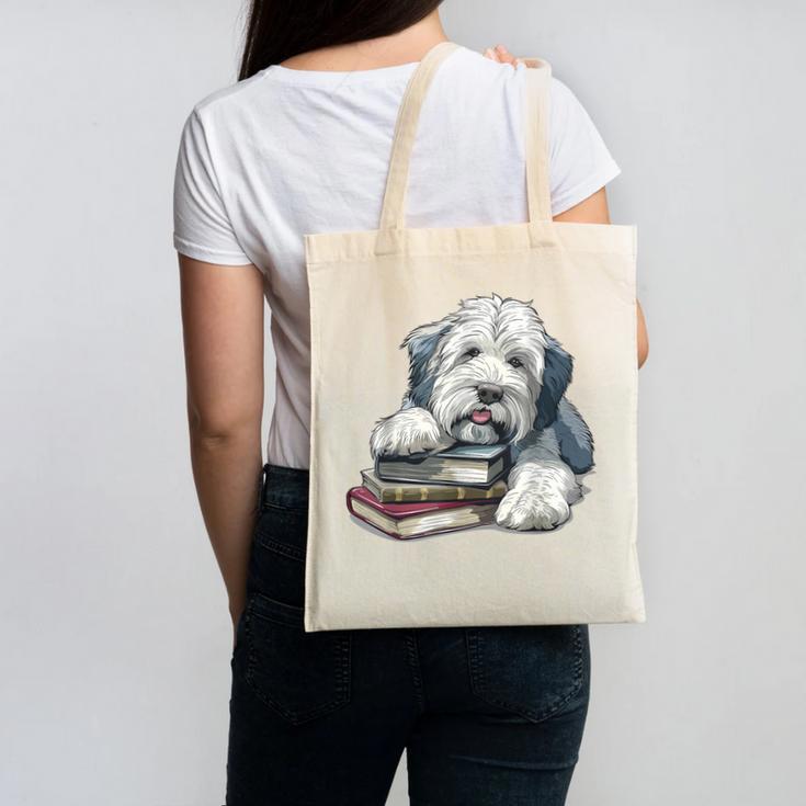 Old English Sheepdog Books Reading Dog Breed Graphic Canvas Tote Bag Old English Sheepdog Books Reading Dog Breed Graphic Canvas Tote Bag