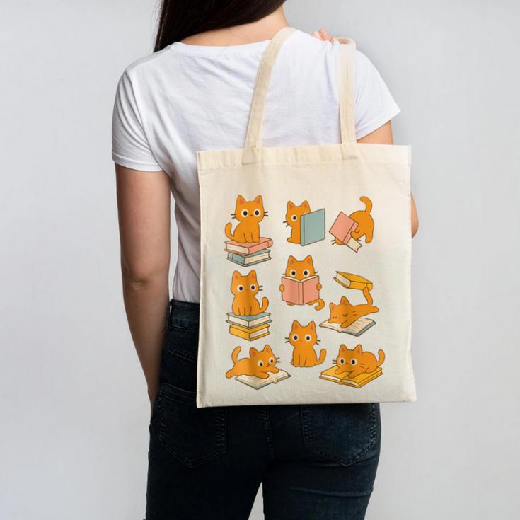 Orange Cats Reading Books Cat Lover Canvas Tote Bag
