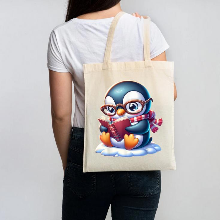 Penguin Reading a Book Animal Canvas Tote Bag Penguin Reading a Book Animal Canvas Tote Bag
