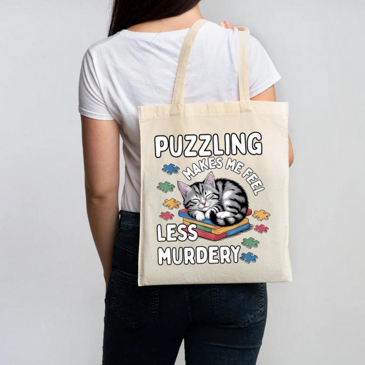 Puzzling Makes Me Feel Less Murdery Introvert Puzzle Cat Canvas Tote Bag