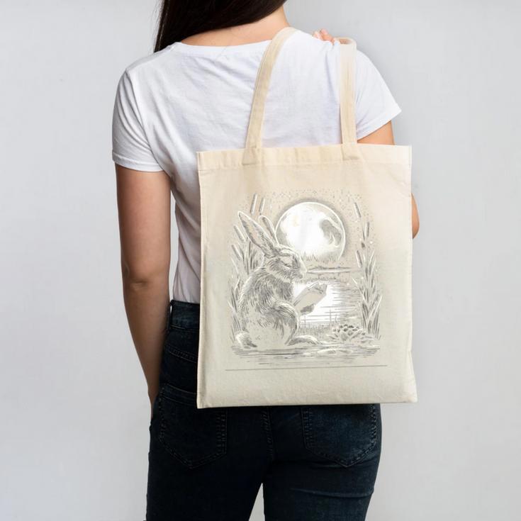 Rabbit Reading Book Full Moon Lake Scenery Canvas Tote Bag