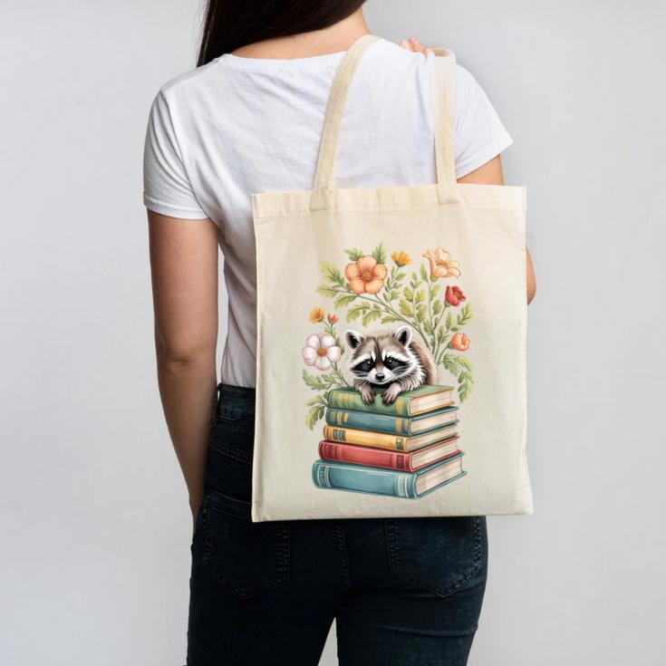 Raccoon Books Reading Flowers Canvas Tote Bag