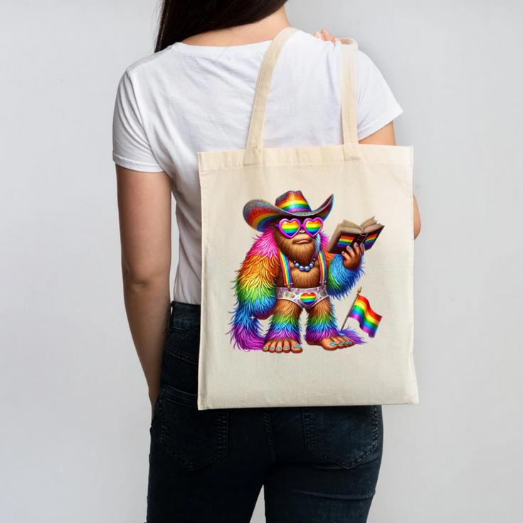Rainbow Pride Bigfoot Reading Book With Heart Glasses Canvas Tote Bag