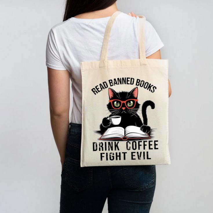 Read Banned Books Drink Coffee Fight Evil Retro Cat Canvas Tote Bag