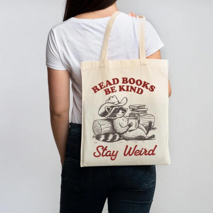 Read Books Be Kind Stay Weird Bookish Cowboy Reading Raccoon Canvas Tote Bag