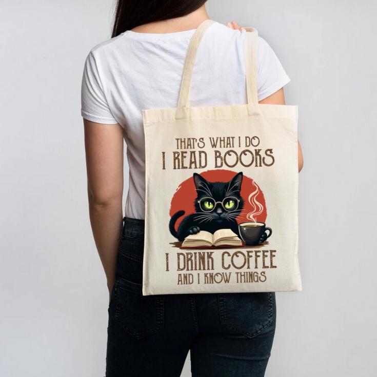 i Read Books And i Know Things Cat Reading Coffee Canvas Tote Bag