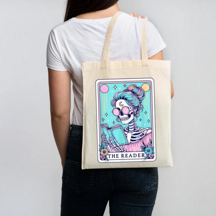 The Reader Retro Reading Skeleton Books Flowers Tarot Card Canvas Tote Bag The Reader Retro Reading Skeleton Books Flowers Tarot Card Canvas Tote Bag