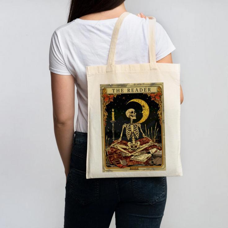 The Reader Tarot Card Book Lover Skeleton Art Goth Style Canvas Tote Bag