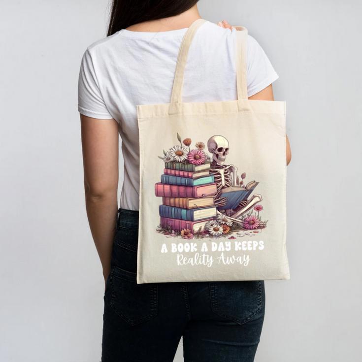 Reading A Book Per Day Keeps Reality Away Skeleton Books Canvas Tote Bag