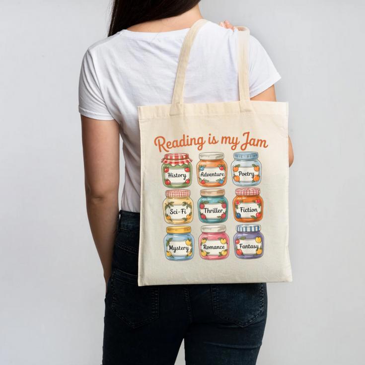 Reading Is My Jam Cute Jelly Jars Book Genres Canvas Tote Bag