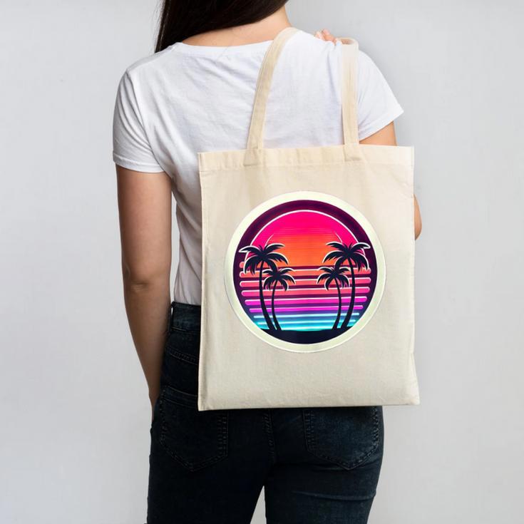 Retro 80s Synthwave Sunset & Palm Trees Retro Nostalgia 80s Canvas Tote Bag