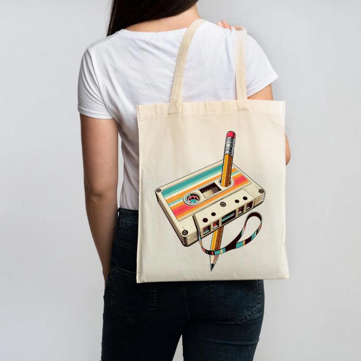 Retro Cassette Tape & Pencil Rewind Nostalgia Party 80s 90s Premium Canvas Tote Bag