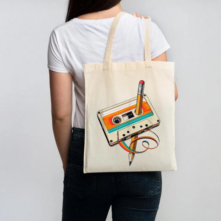 Retro Cassette Tape & Pencil Rewind Nostalgia Party 80s 90s Canvas Tote Bag