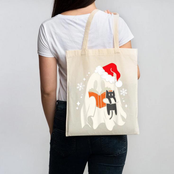 Retro Ghost Reading Book With Cat Bookish Club Christmas Men Women Kids Canvas Tote Bag