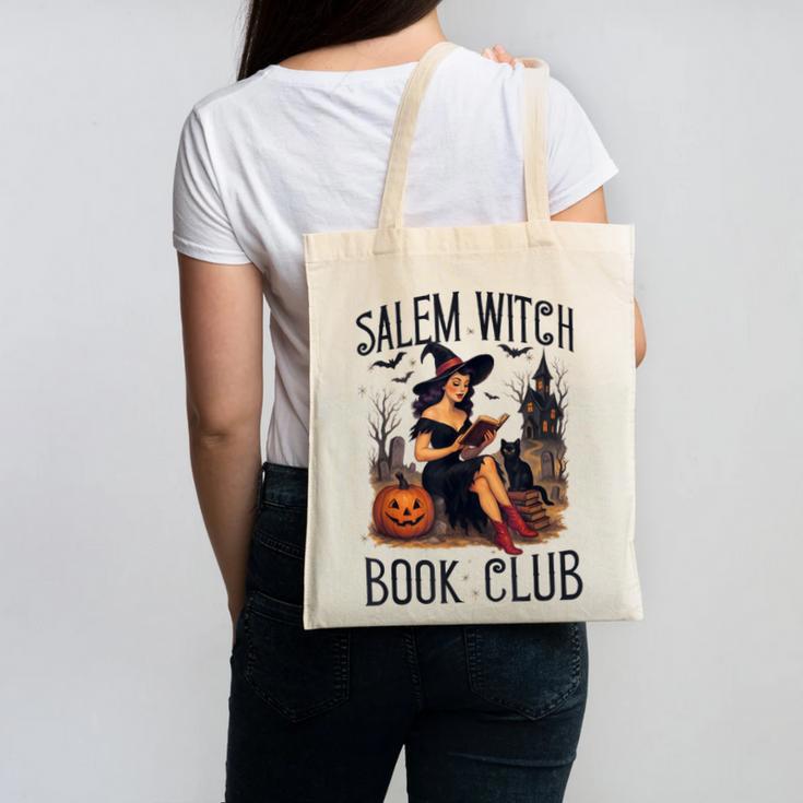 Salem Witch Book Club Bookish Retro Halloween Cat Canvas Tote Bag