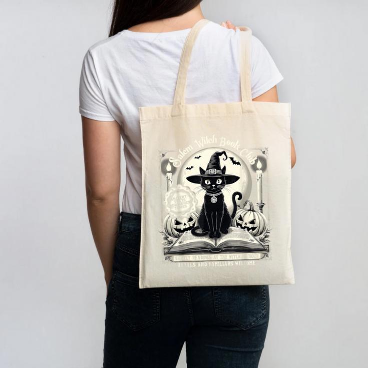 Salem Witch Book Club Vintage Halloween Cat Book Lover Canvas Tote Bag