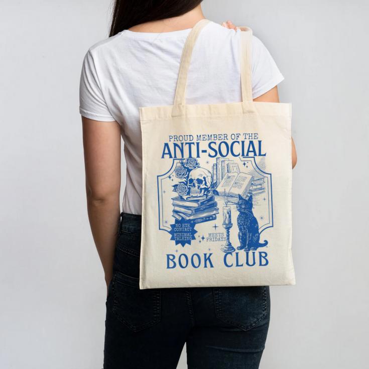 Sarcastic Anti Social Book Club Cat Skull Book Lover Canvas Tote Bag