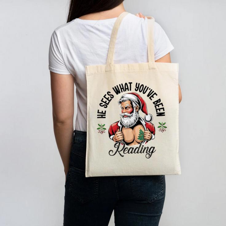 He Sees What You'Ve Been Reading Santa Xmas Book Lover Canvas Tote Bag