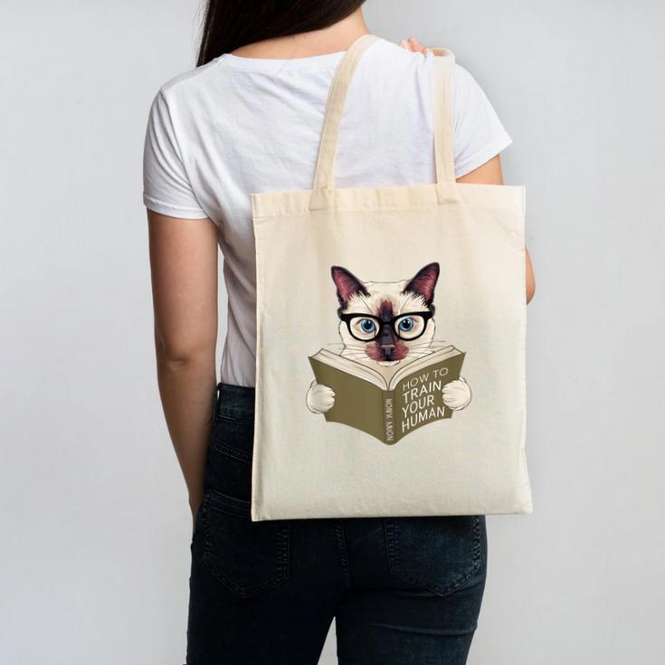 Siamese Cat Reading Book How To Train Your Human Humorous Canvas Tote Bag
