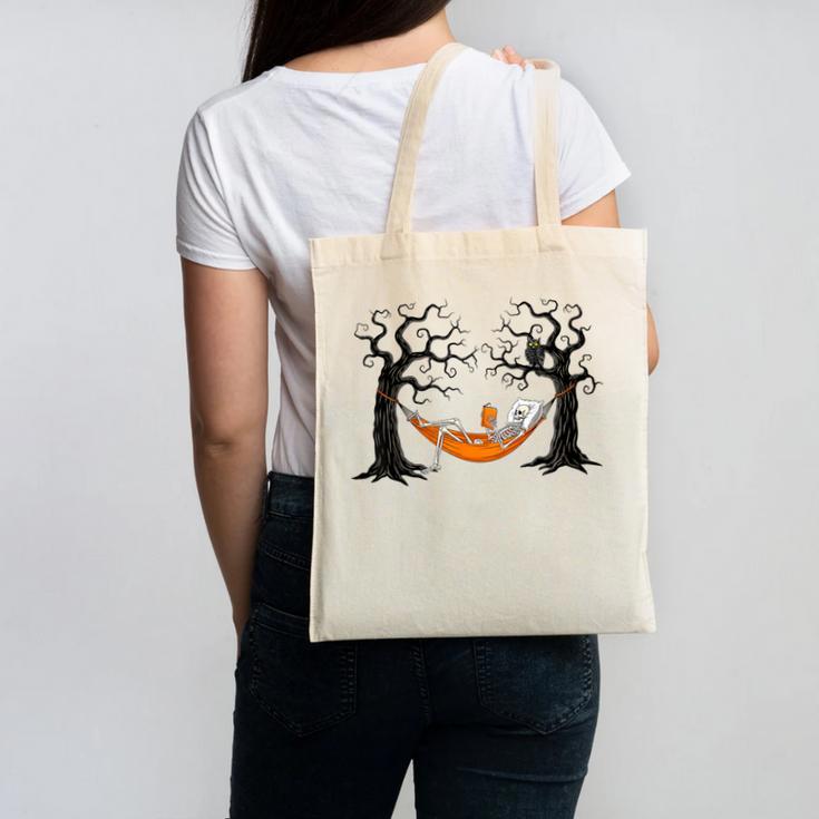 Skeleton Reading Book In Hammock Halloween Reader Canvas Tote Bag