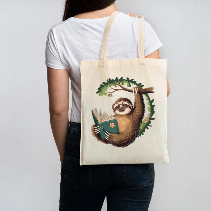 Sloth Reading a Book Lazy Sloth Bookworm Canvas Tote Bag