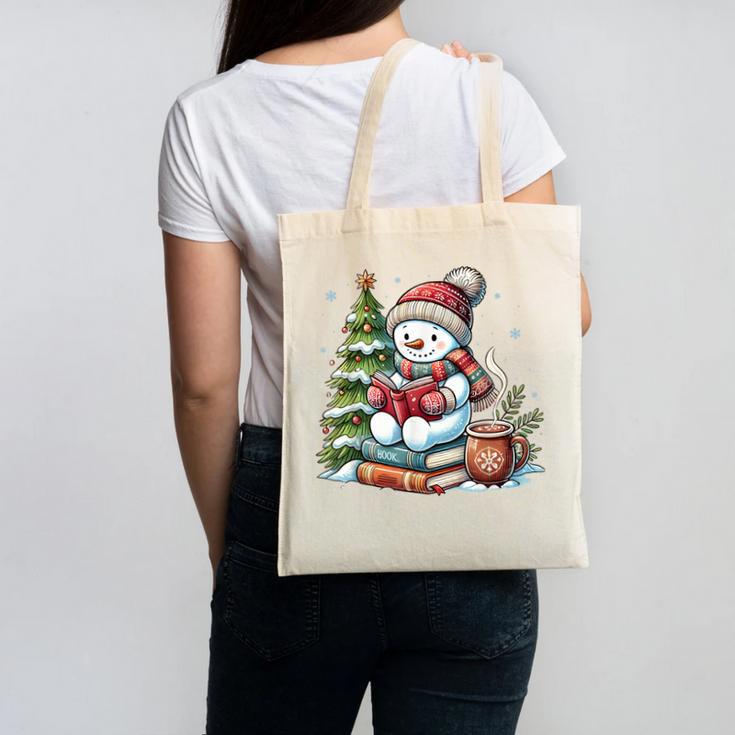 Snowman Reading Book Lovers Christmas Librarian Bookworm Canvas Tote Bag