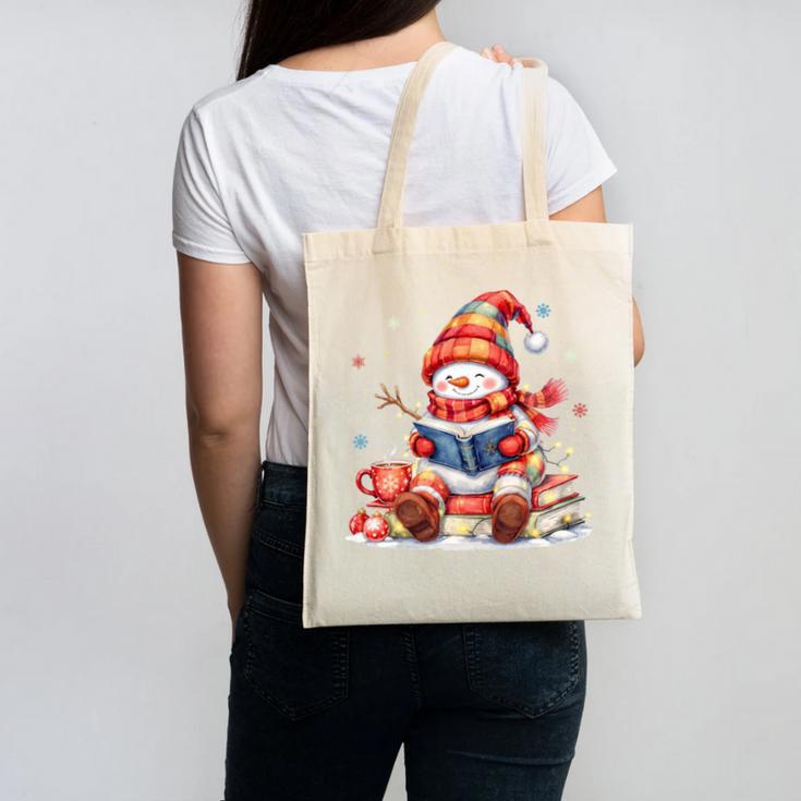 Snowman Reading Books Lovers Christmas Librarian Bookworm Canvas Tote Bag